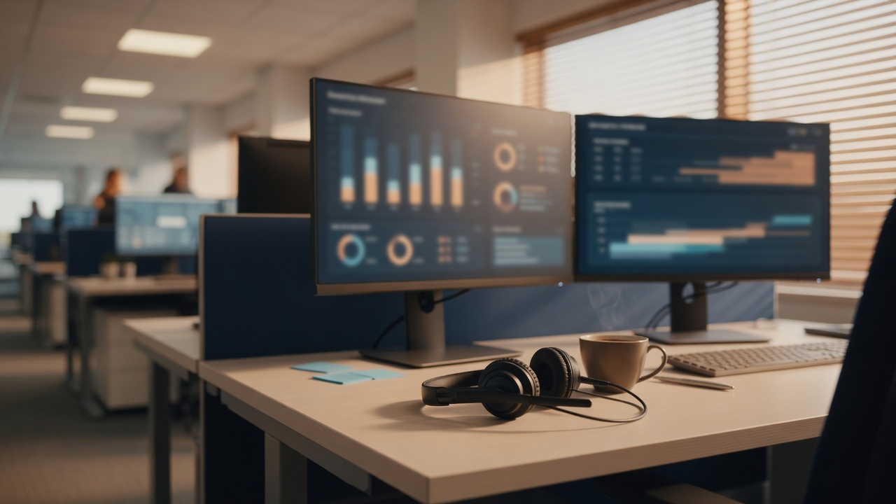 Call center desk with headset and soft-lit monitors