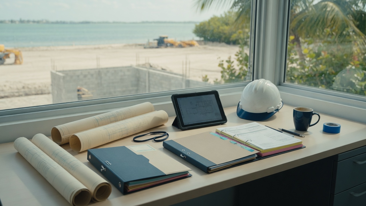 Construction office desk with plans overlooking a South Florida jobsite