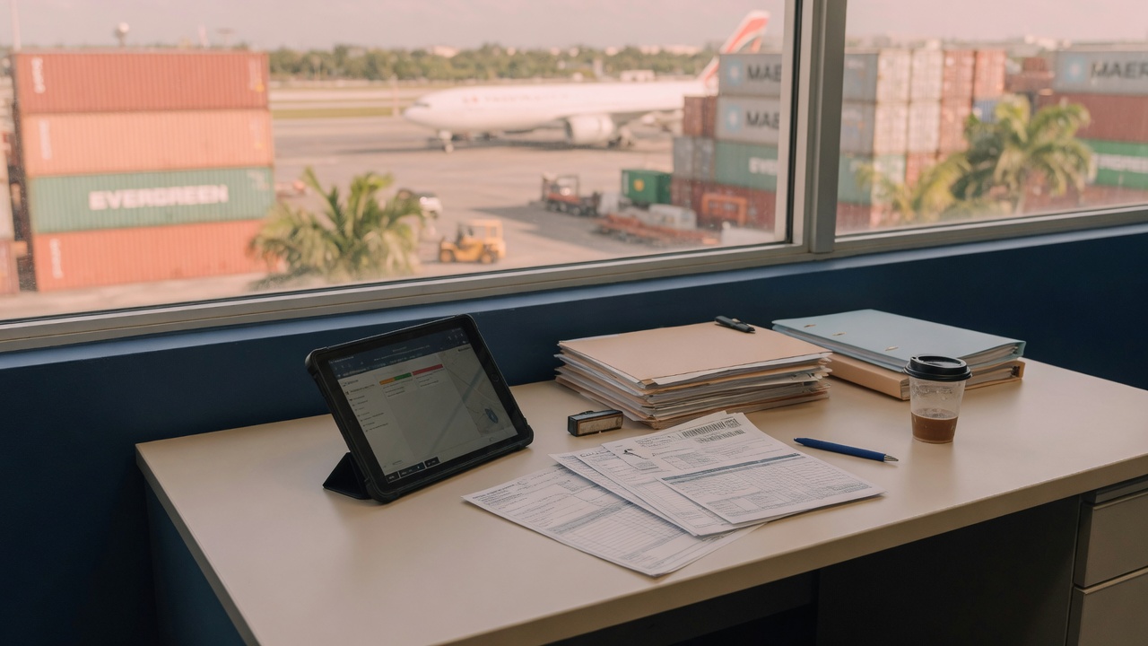 Freight ops desk overlooking cargo and aircraft