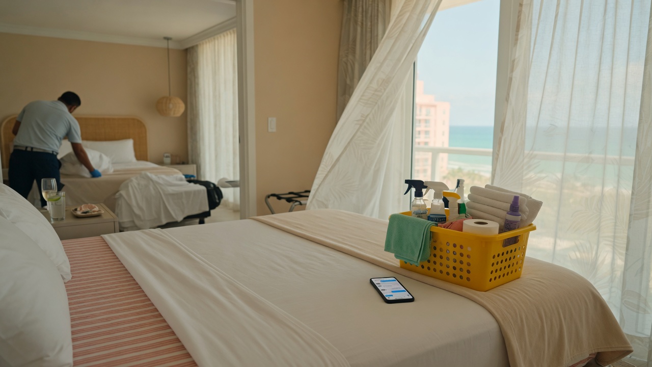 Vacation rental mid-turnover with cleaning kit and guest phone